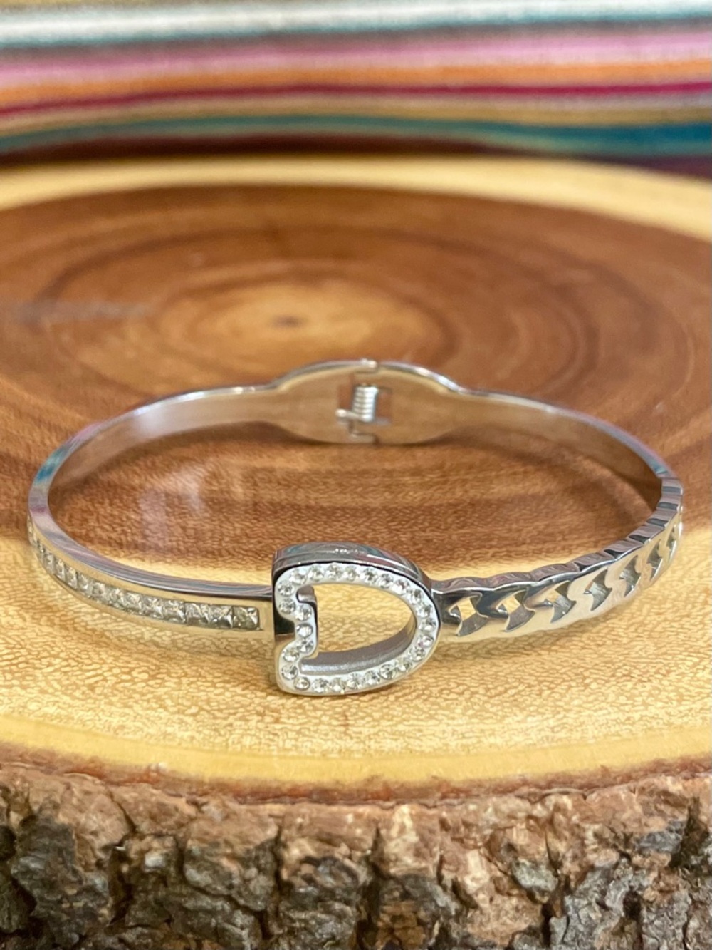 Pave Horseshoe Buckle Bangle Bracelet In Stainless Steel